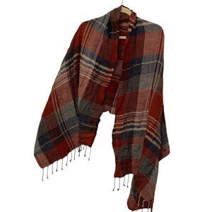 prana rusty red blue tartan plaid wool modal fringe trim shawl wrap scarf